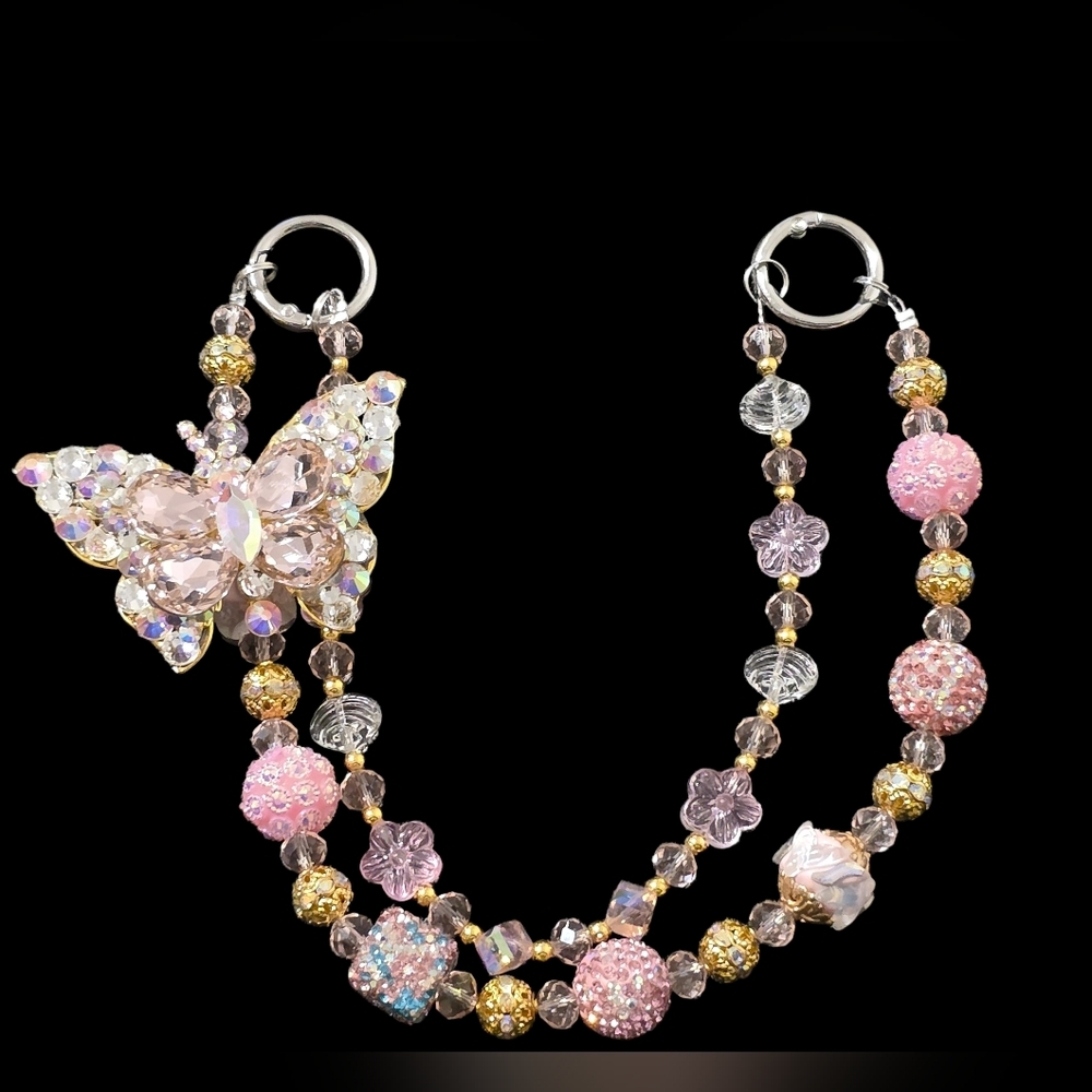 Gold and Pink Beaded Butterfly Bag Charm